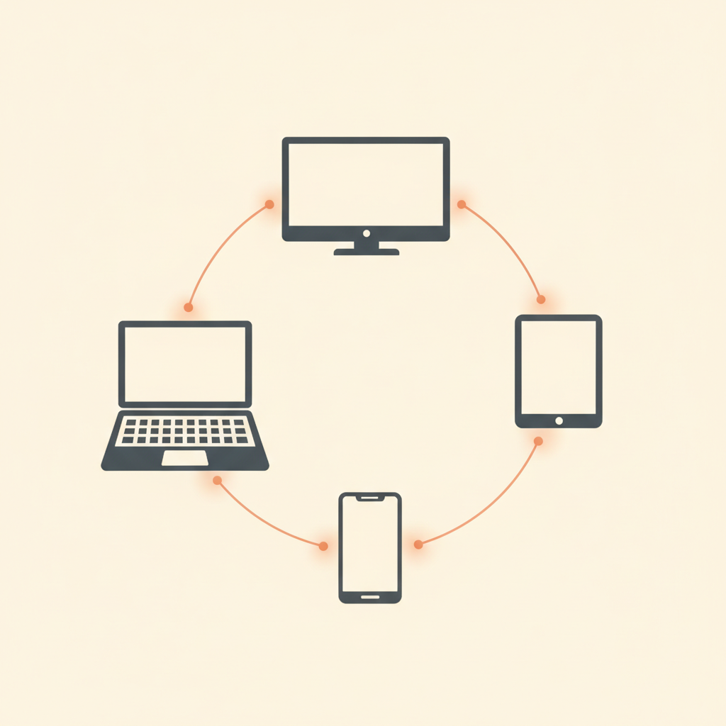 Minimalistische illustratie van tv, tablet, telefoon en laptop iconen die verbonden zijn
