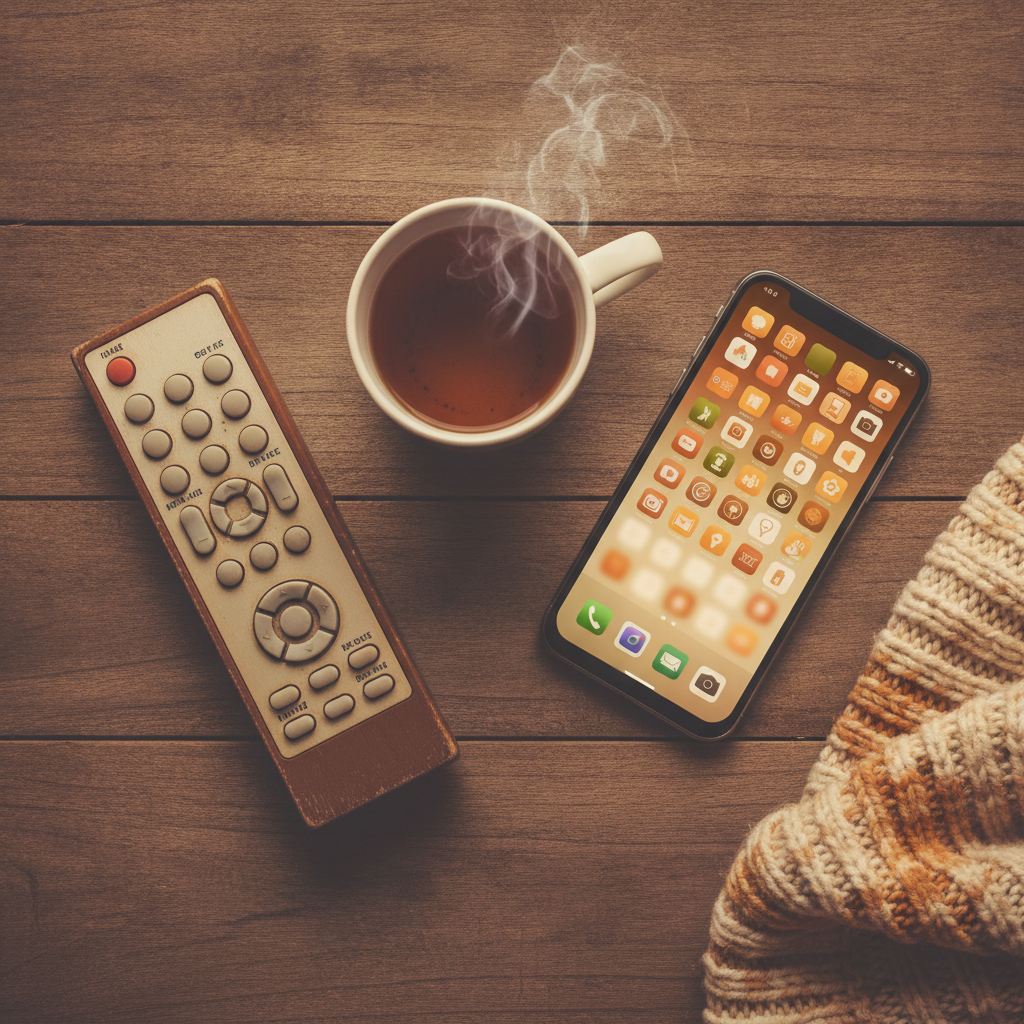 Overzichtsfoto van een afstandsbediening en een smartphone met een streaming-app naast elkaar