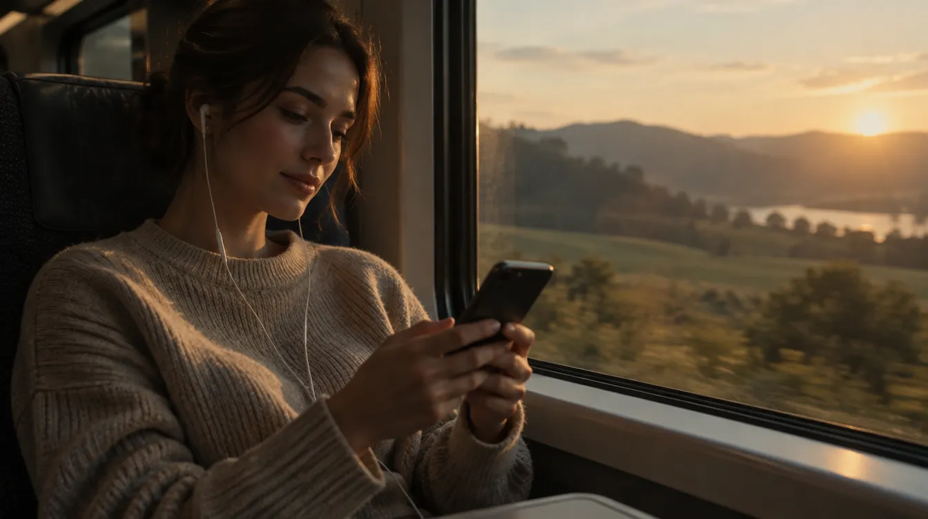 Reiziger in de trein met een smartphone en oordopjes kijkt ontspannen terwijl het landschap voorbijglijdt
