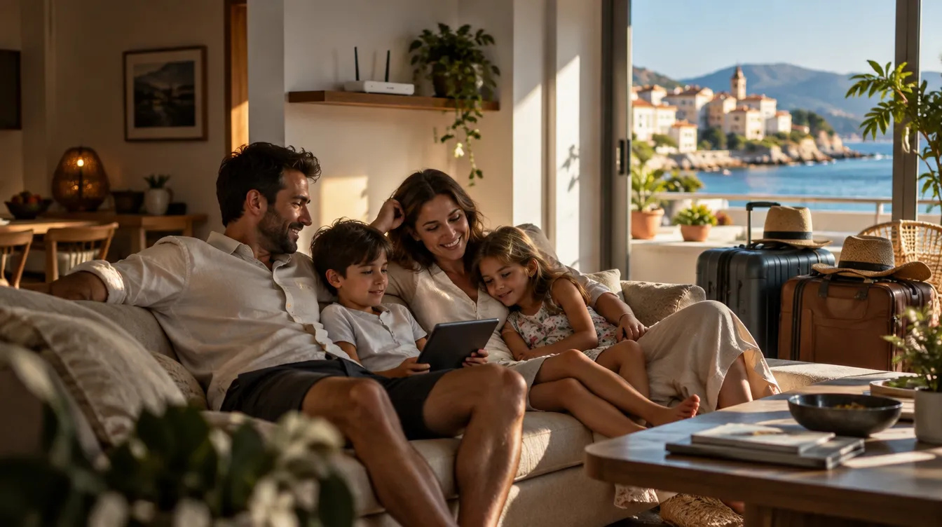 Gezin ontspant op de bank in een zonnig vakantieappartement met een wifi-router op de plank en koffers in de hoek