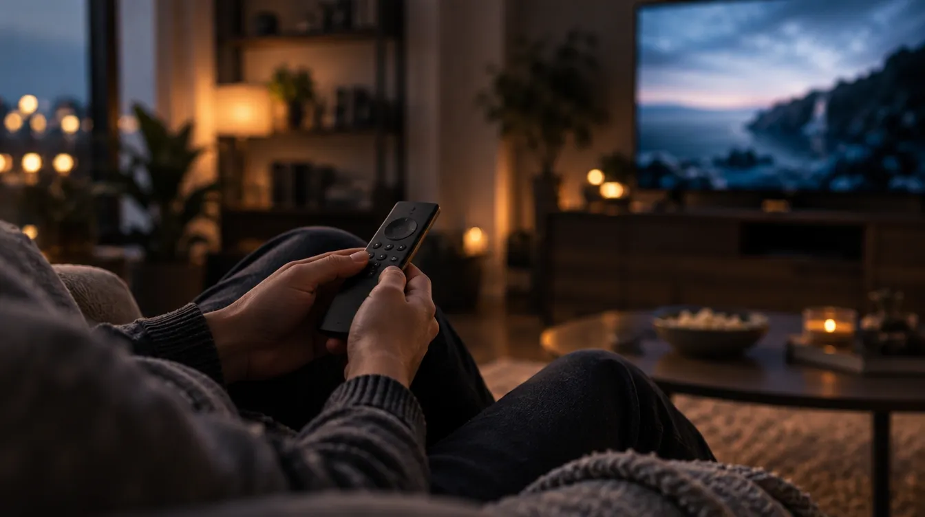 Android box naast een televisie in een gezellige woonkamer met een afstandsbediening op de bank in het avondlicht