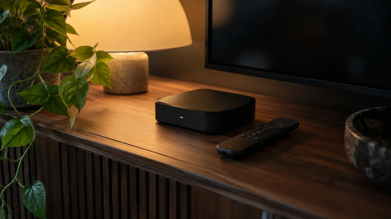 Een kleine mediabox met afstandsbediening op een houten tv-meubel naast een plant in zacht avondlicht