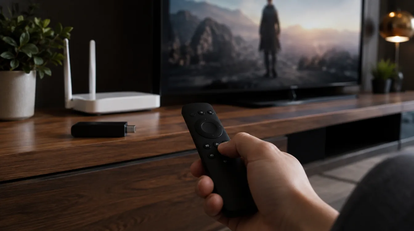 Hand met afstandsbediening in een woonkamer, met een router en een streamingstick op een tv-meubel naast de televisie