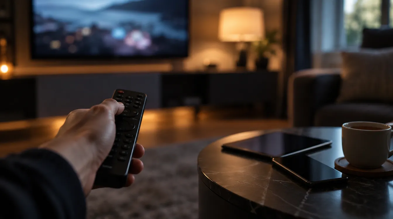Hand met afstandsbediening in een gezellige woonkamer, met een tablet en telefoon op tafel, klaar om een geschikte IPTV-app te testen