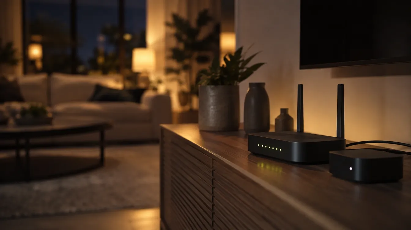 Gezellige woonkamer in de avond met een streamingbox bij de tv en een router op de kast, sfeer van veilig thuis kijken