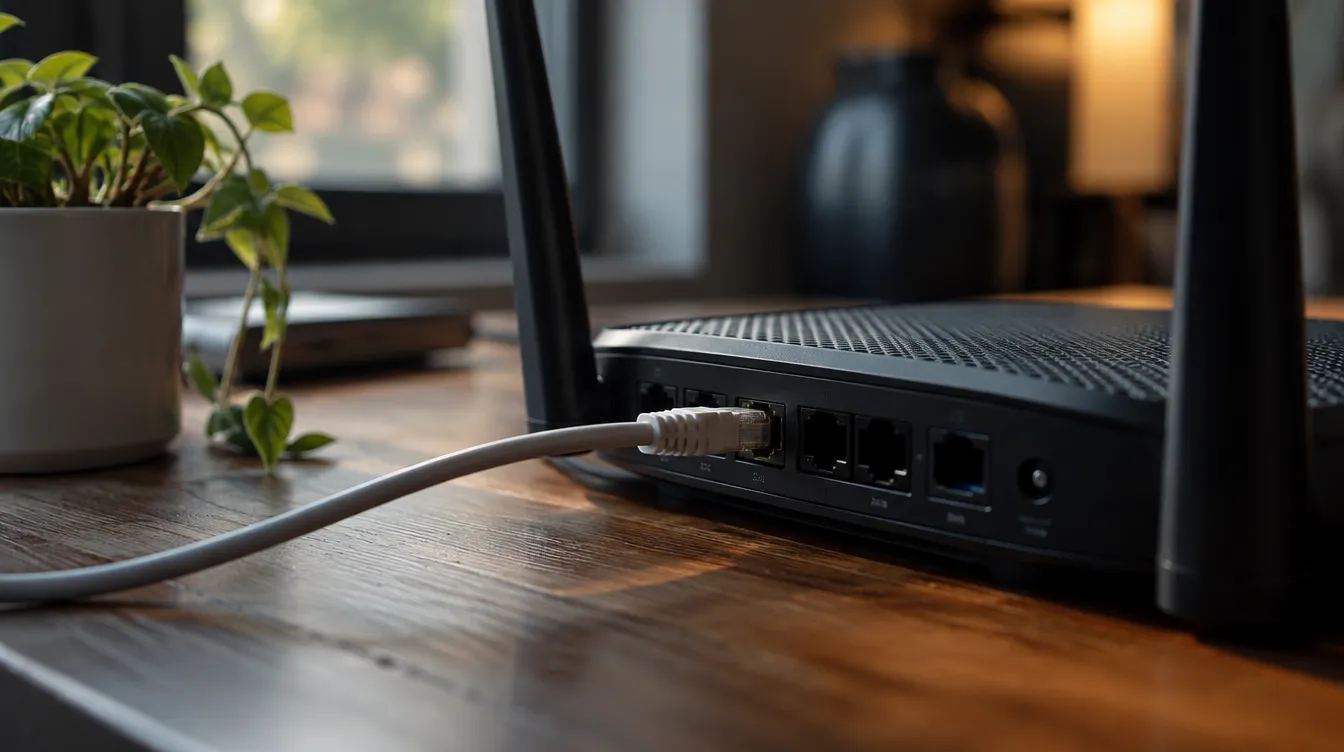 Een netwerkkabel die is aangesloten op een router op een houten bureau, als stabiele oplossing tegen blokkerig beeld