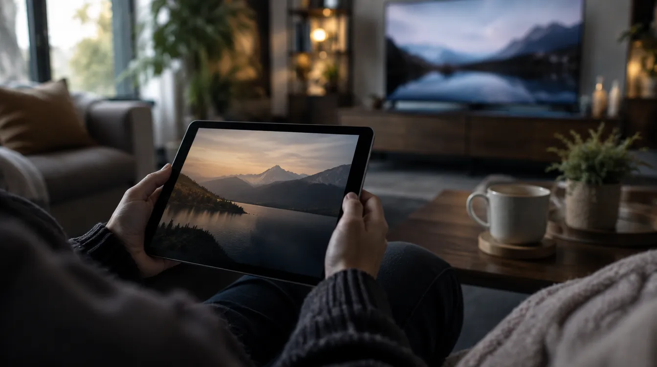 Persoon op de bank met een tablet in de handen, met een tv en een kop koffie op de achtergrond in een gezellige woonkamer