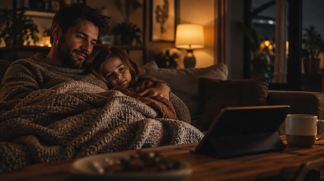 Ouder en kind zitten samen op de bank onder een deken in een warm verlichte woonkamer met een tablet op tafel