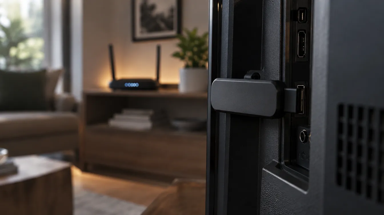 Een compacte streamingstick in de HDMI-poort van een televisie, met op de achtergrond een router op een plank in zacht daglicht