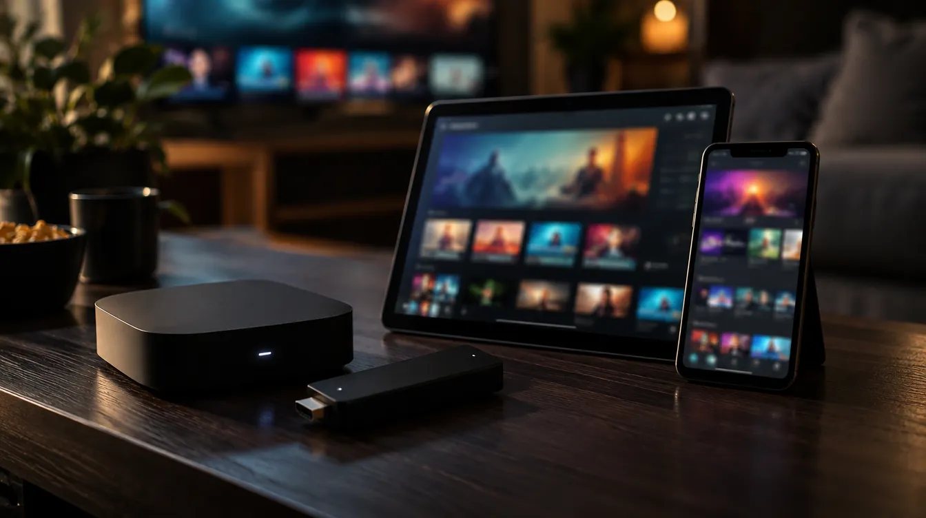 Verschillende toestellen naast elkaar om de beste IPTV app te kiezen: tv-box, streamingstick, tablet en smartphone