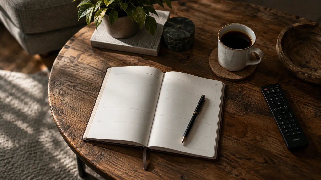 Een opengeslagen planner op een houten tafel met een kop koffie en een afstandsbediening ernaast