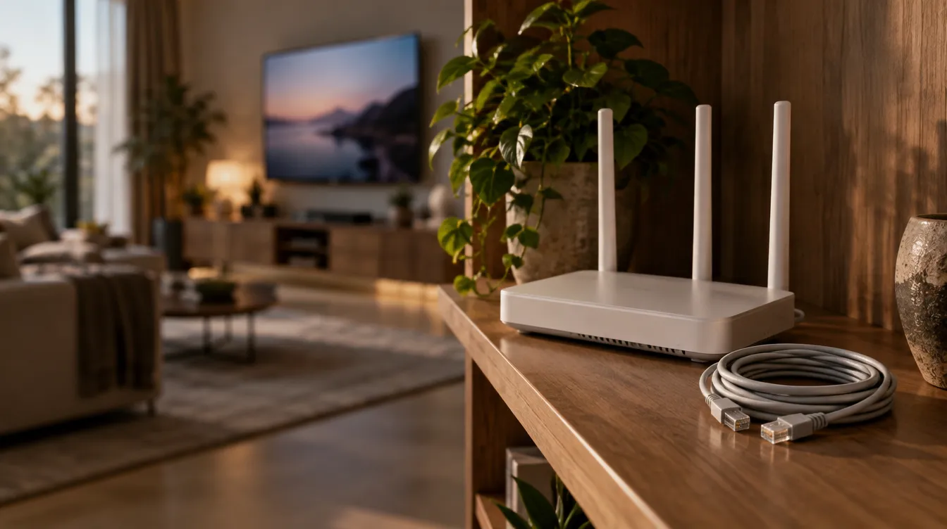 Een router en een netwerkkabel op een houten bureau naast een woonkamer met een televisie in zacht licht