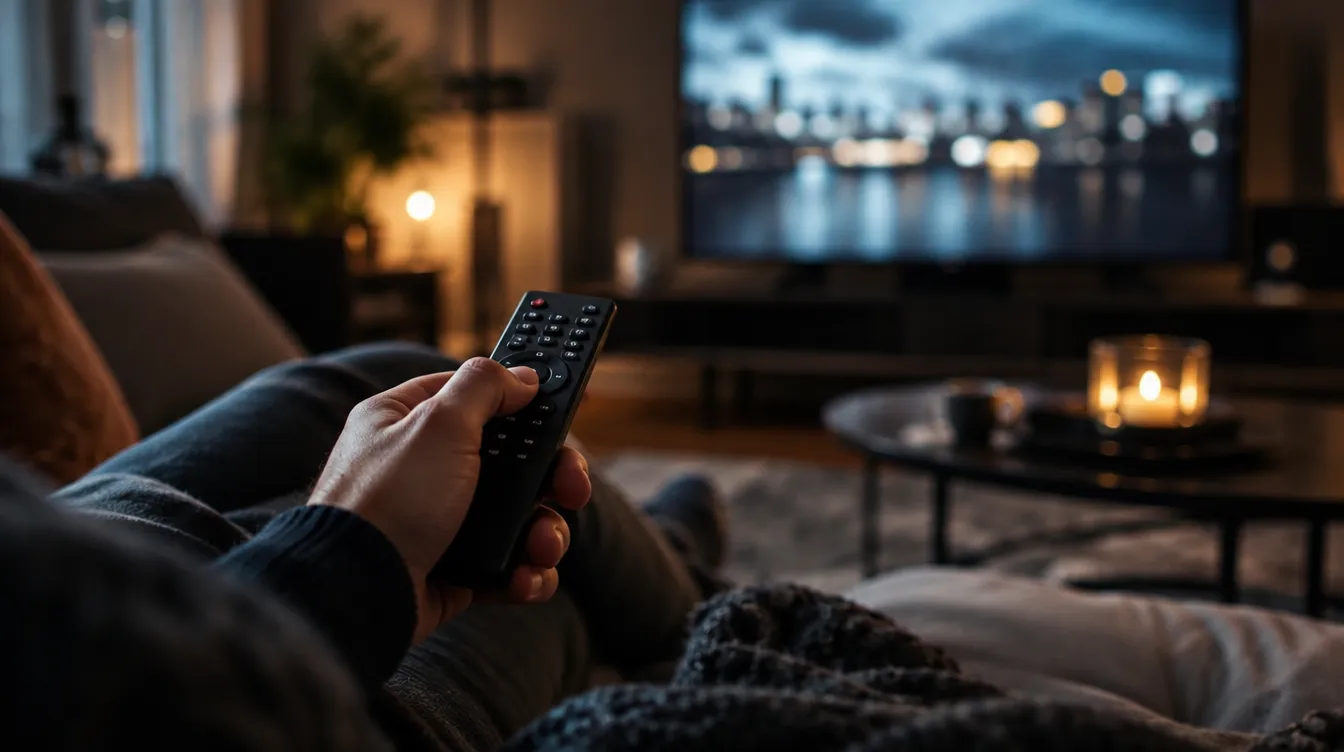 Een persoon houdt een afstandsbediening vast terwijl hij op de bank zit en een televisie in de woonkamer instelt
