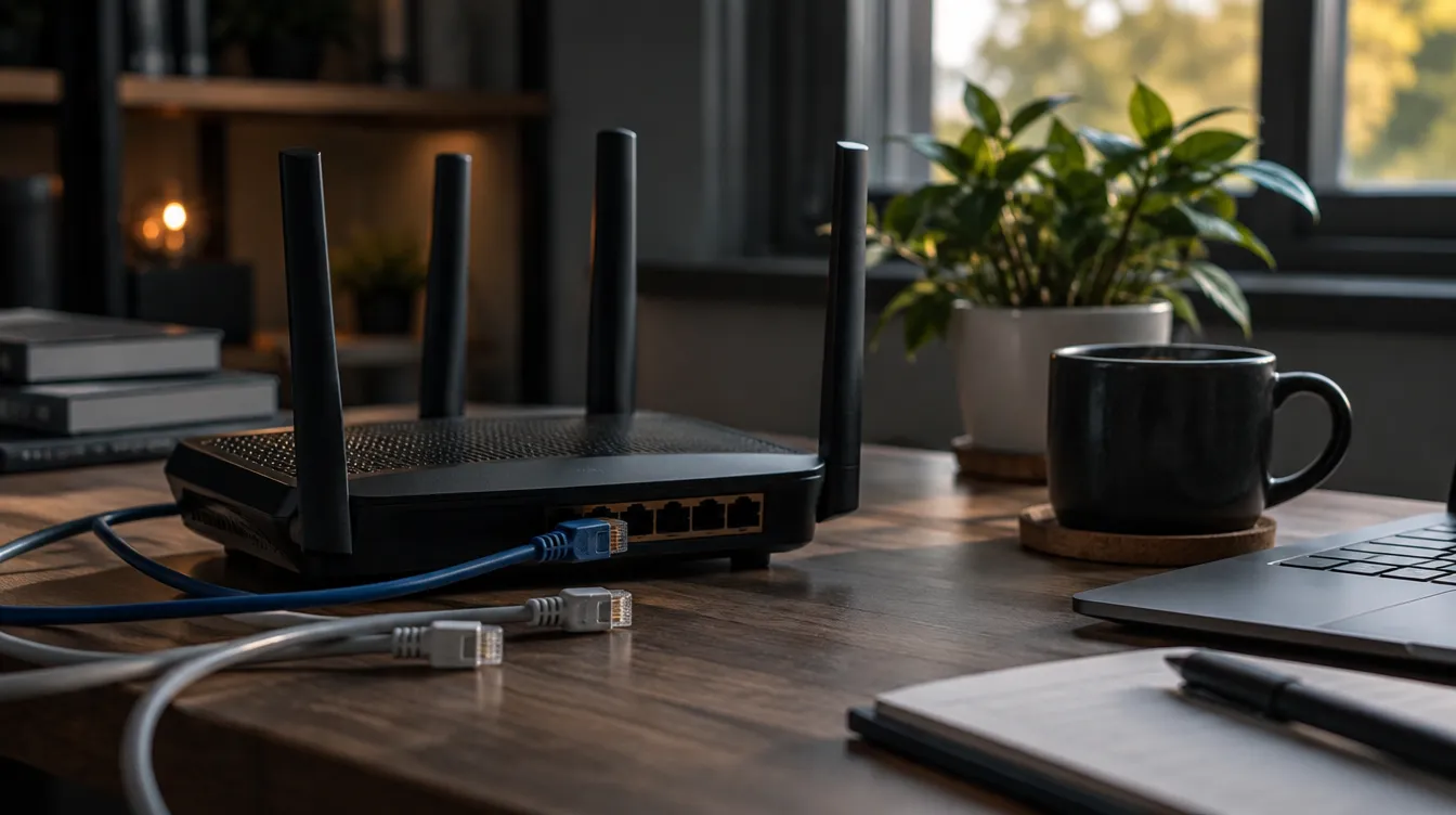 Een thuisrouter met netwerkkabels op een houten bureau naast een kopje koffie, klaar om de internetverbinding te controleren