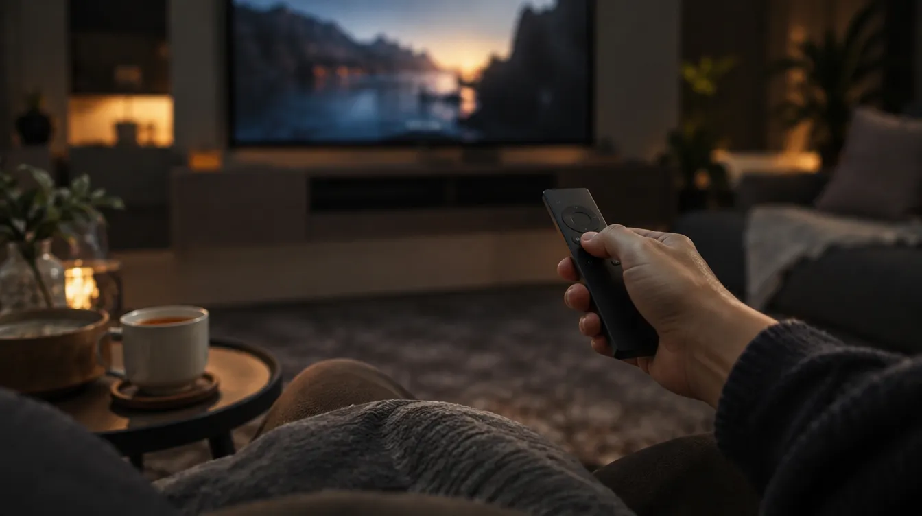 Hand met afstandsbediening gericht op een tv in een gezellige, rustig verlichte woonkamer met een kopje thee op tafel