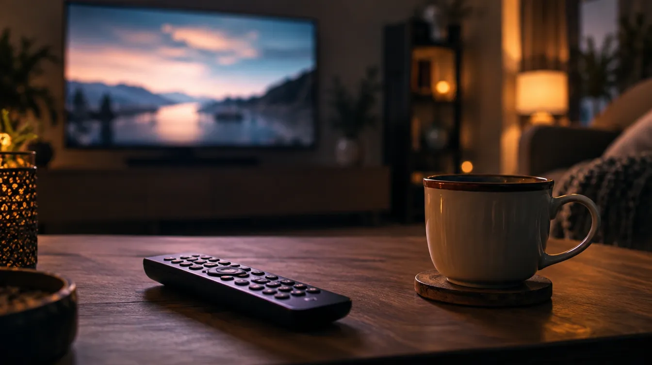 Gezellige woonkamer met afstandsbediening en kop thee op de salontafel, tv zacht oplichtend op de achtergrond