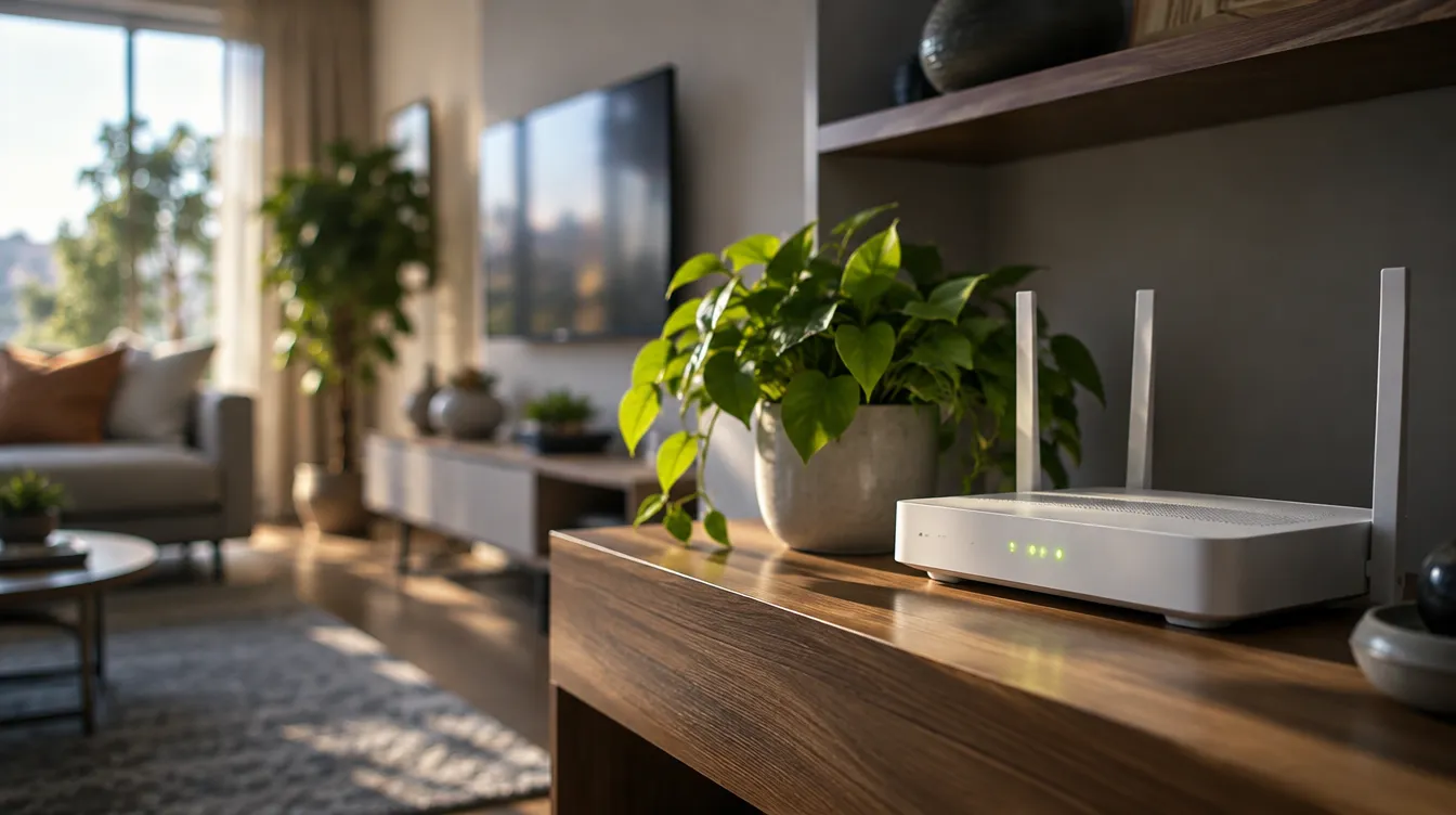 Wifi-router op een houten plank naast een kamerplant in een lichte woonkamer, voor een stabiele verbinding met je tv