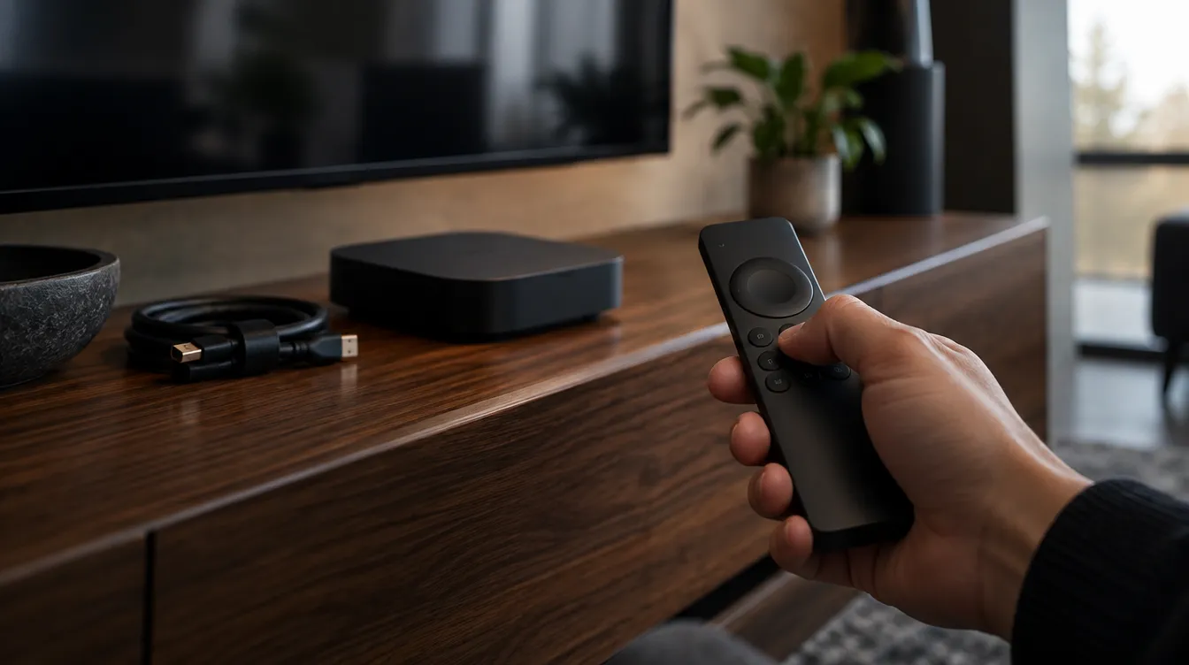 Hand met afstandsbediening bij een streamingbox en nette kabels op een houten tv-meubel in zacht daglicht