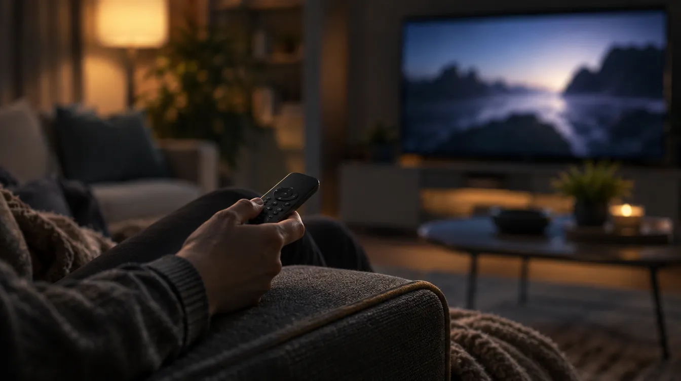 Een hand met een afstandsbediening op de bank terwijl de tv zacht gloeit in een gezellige woonkamer in de avond