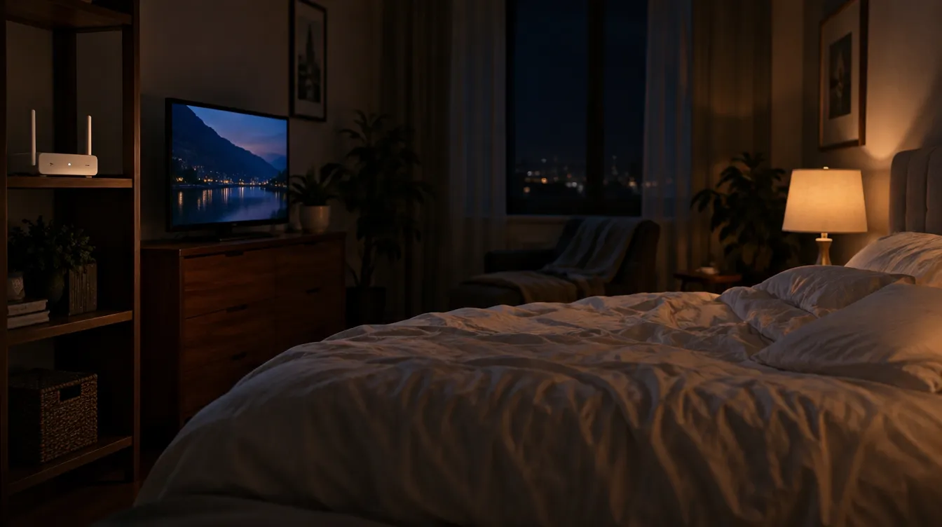 Rustige slaapkamer in de avond met een kleine tv op een kast, een zacht nachtlampje en een wifi-router op een plank