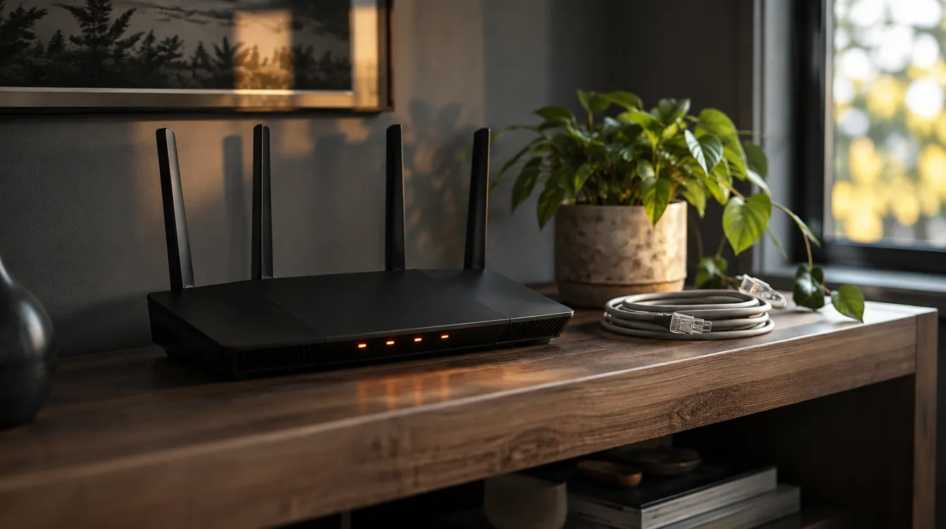 Een wifi-router met zacht oplichtende lampjes op een houten plank, naast een plantje en een opgerolde netwerkkabel in warm daglicht